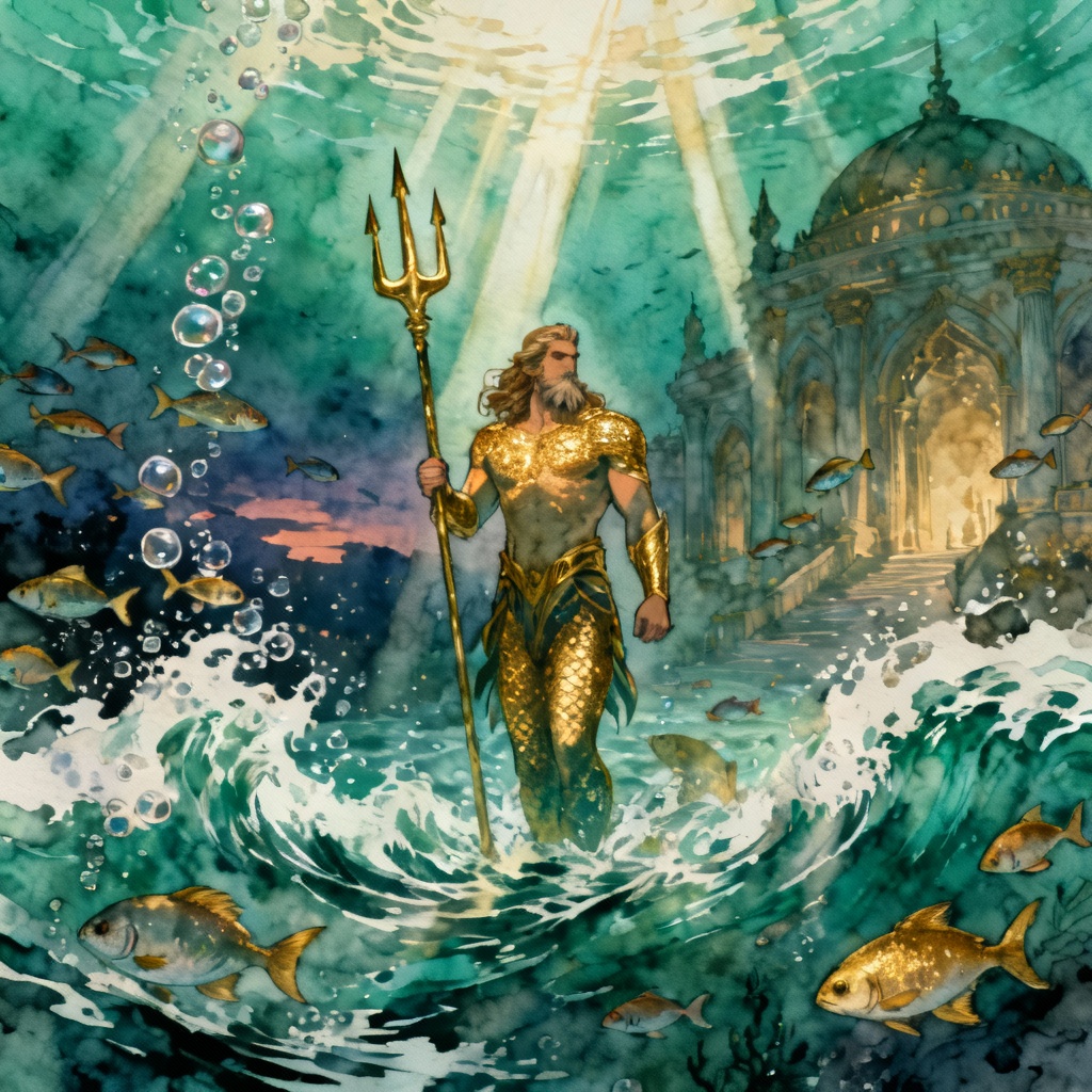 AI DC-style ocean guardian with trident