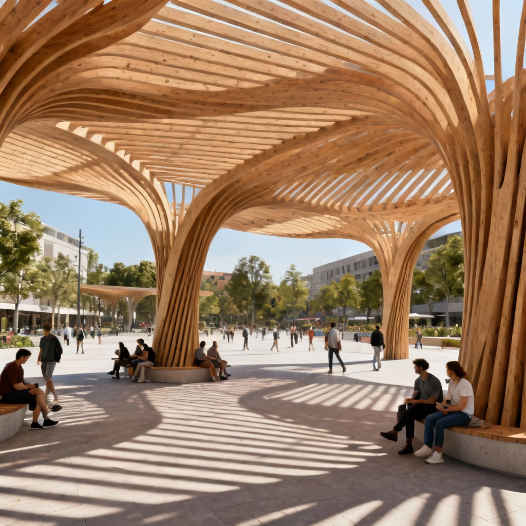 Parametric timber pavilion with curved lamella structure