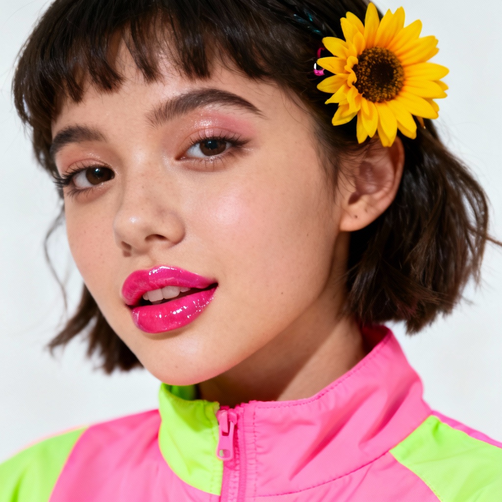 AI dopamine girl portrait with neon pastel color blocking and playful accessories