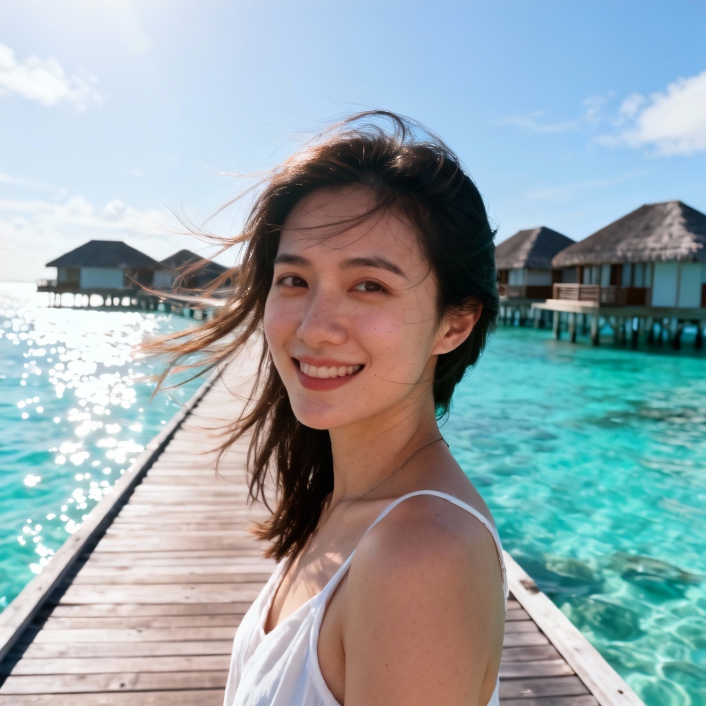 AI fake vacation photo at Maldives overwater bungalows