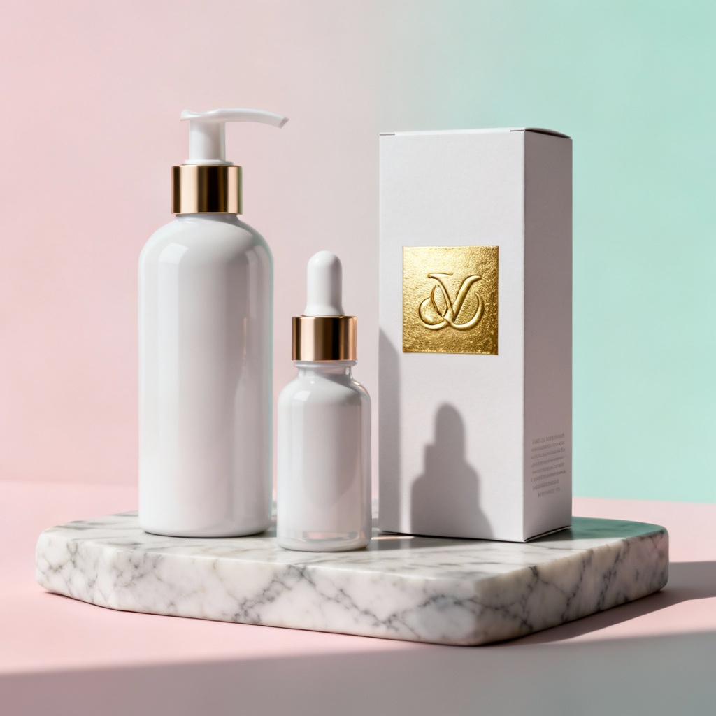 AI cosmetics packaging mockup set on marble