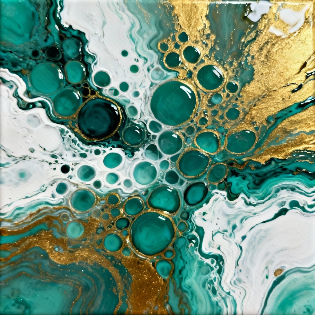 AI abstract paint pour with teal, gold, and white marbling cells