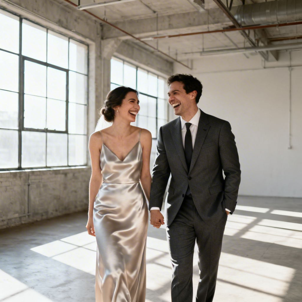 Modern minimalist AI wedding couple in a sunlit loft