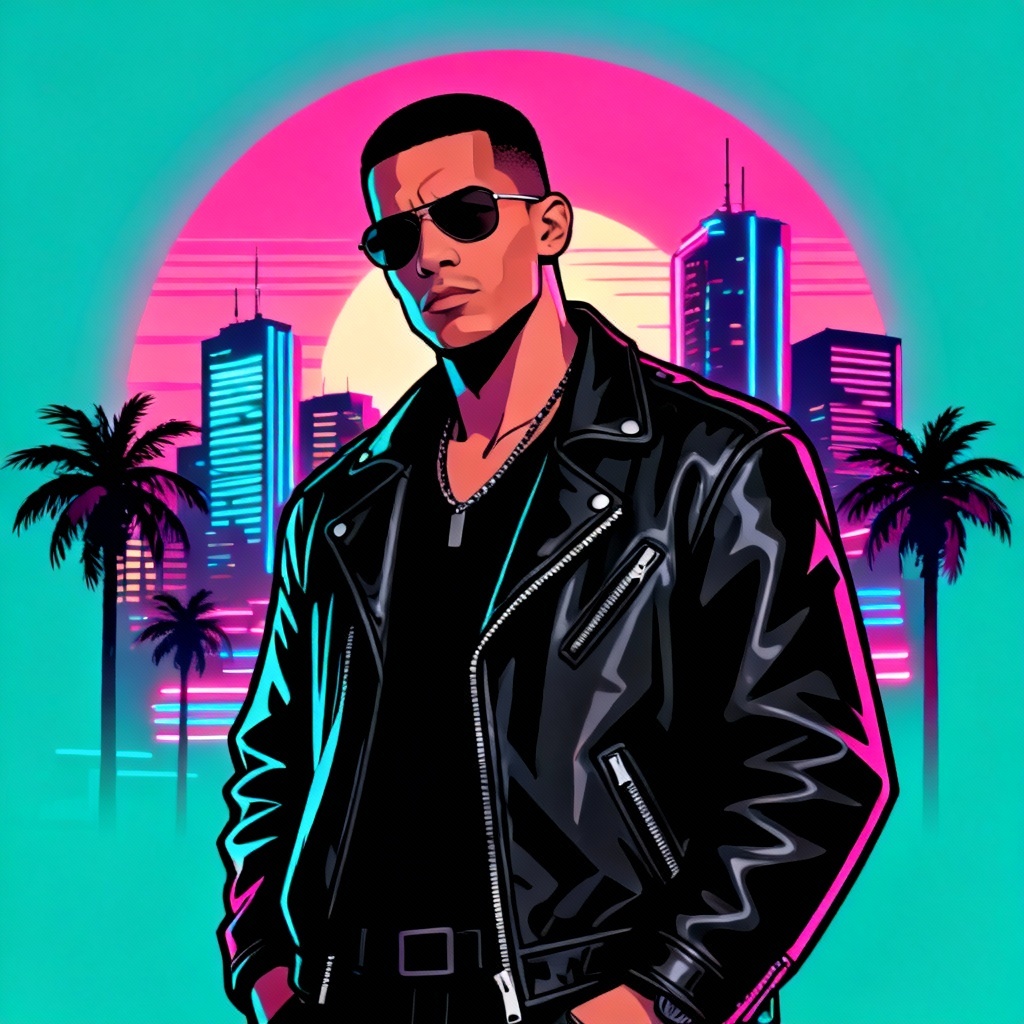 AI GTA art poster of neon city heist at sunset with bold outlines