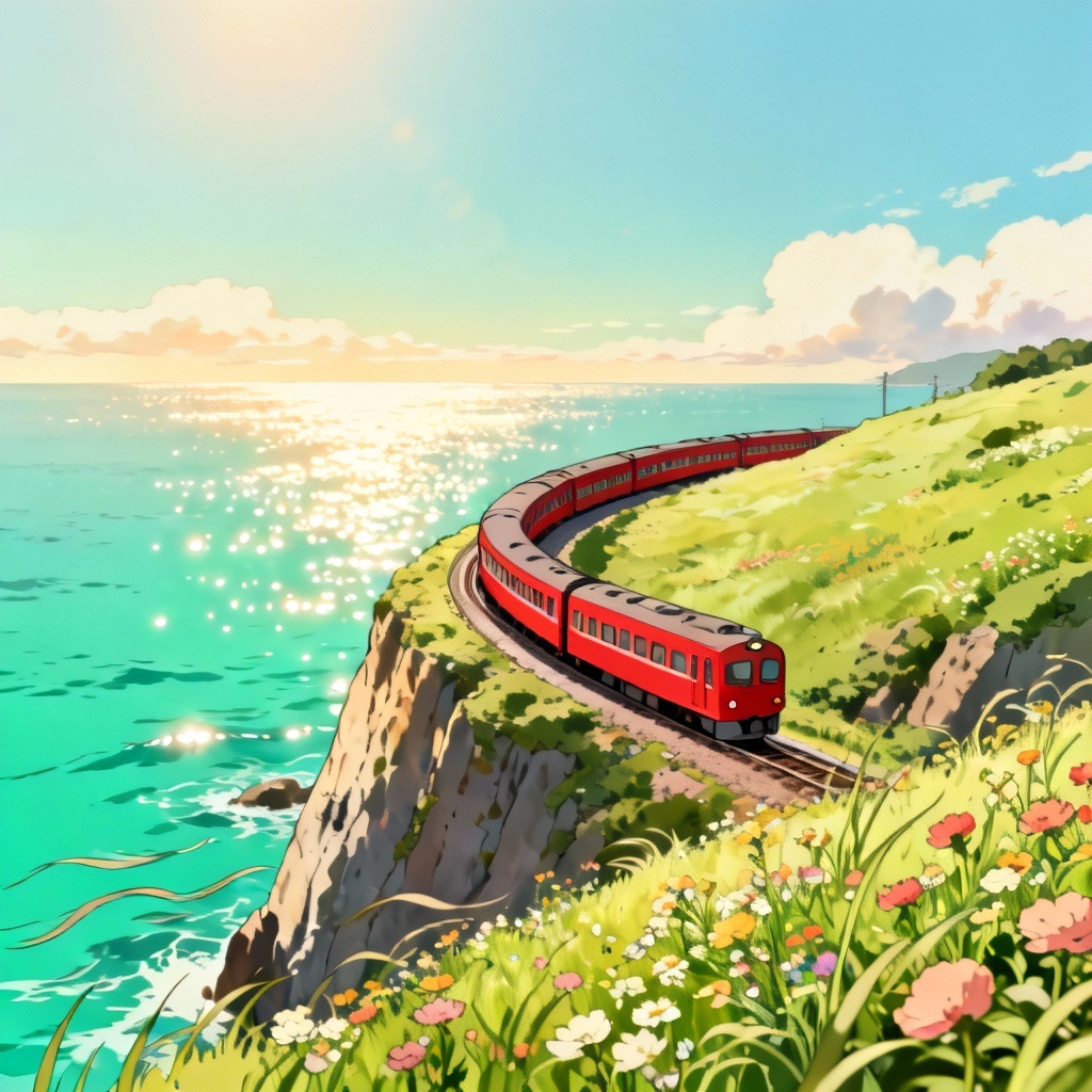 AI Ghibli-style seaside train along a cliff with sparkling sea