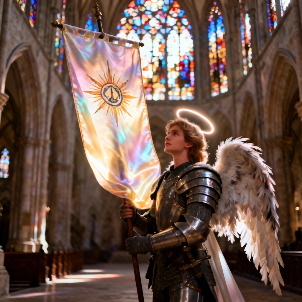 AI saintly knight bearing a radiant holy banner