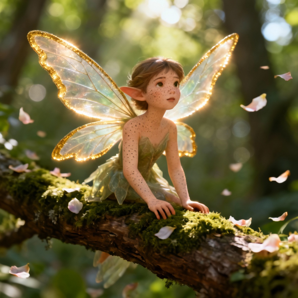 Photoreal woodland fairy perched on mossy branch