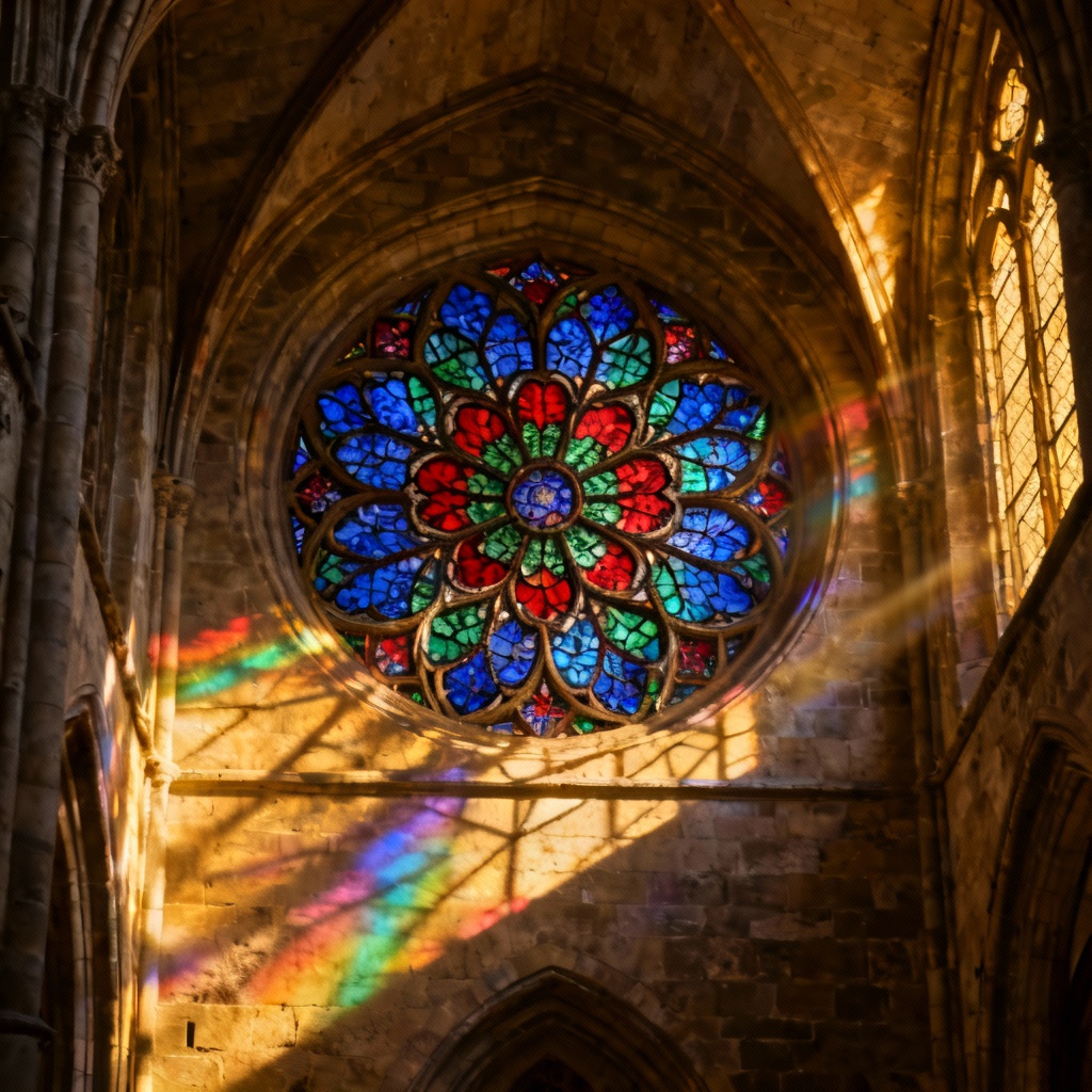 Colorful stained glass rose window casting rainbow light patterns