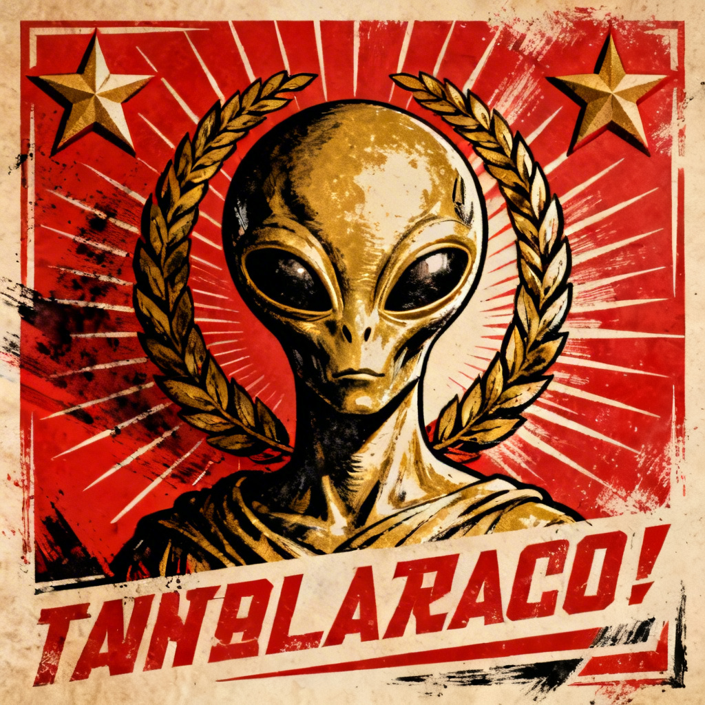 Alien propaganda poster with bold red and gold space motifs