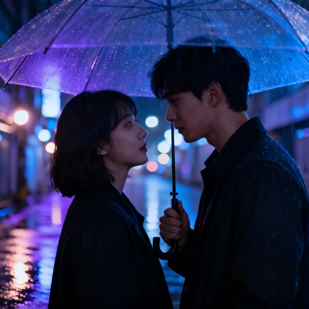 AI K-drama rain scene with couple under umbrella and city lights