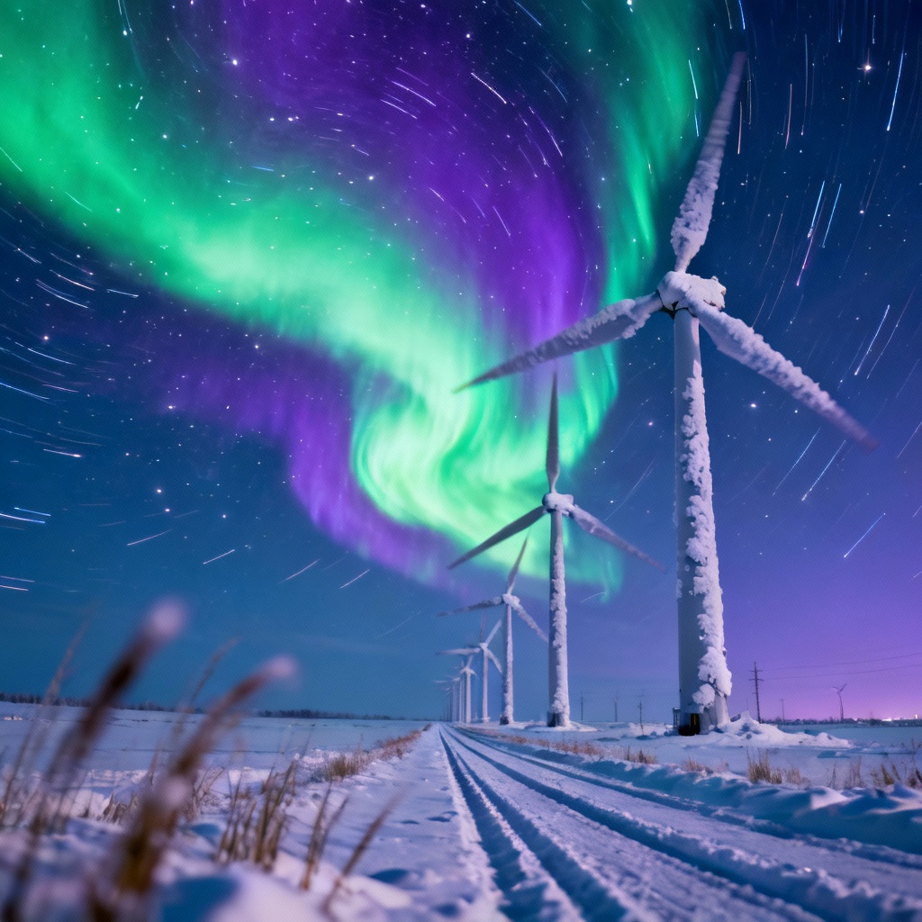 AI windmills under aurora borealis at night