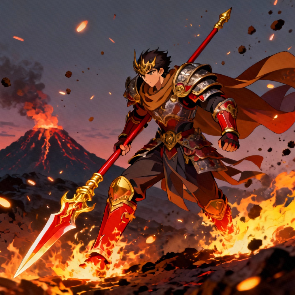 AI Genshin-style pyro lancer with flaming effects