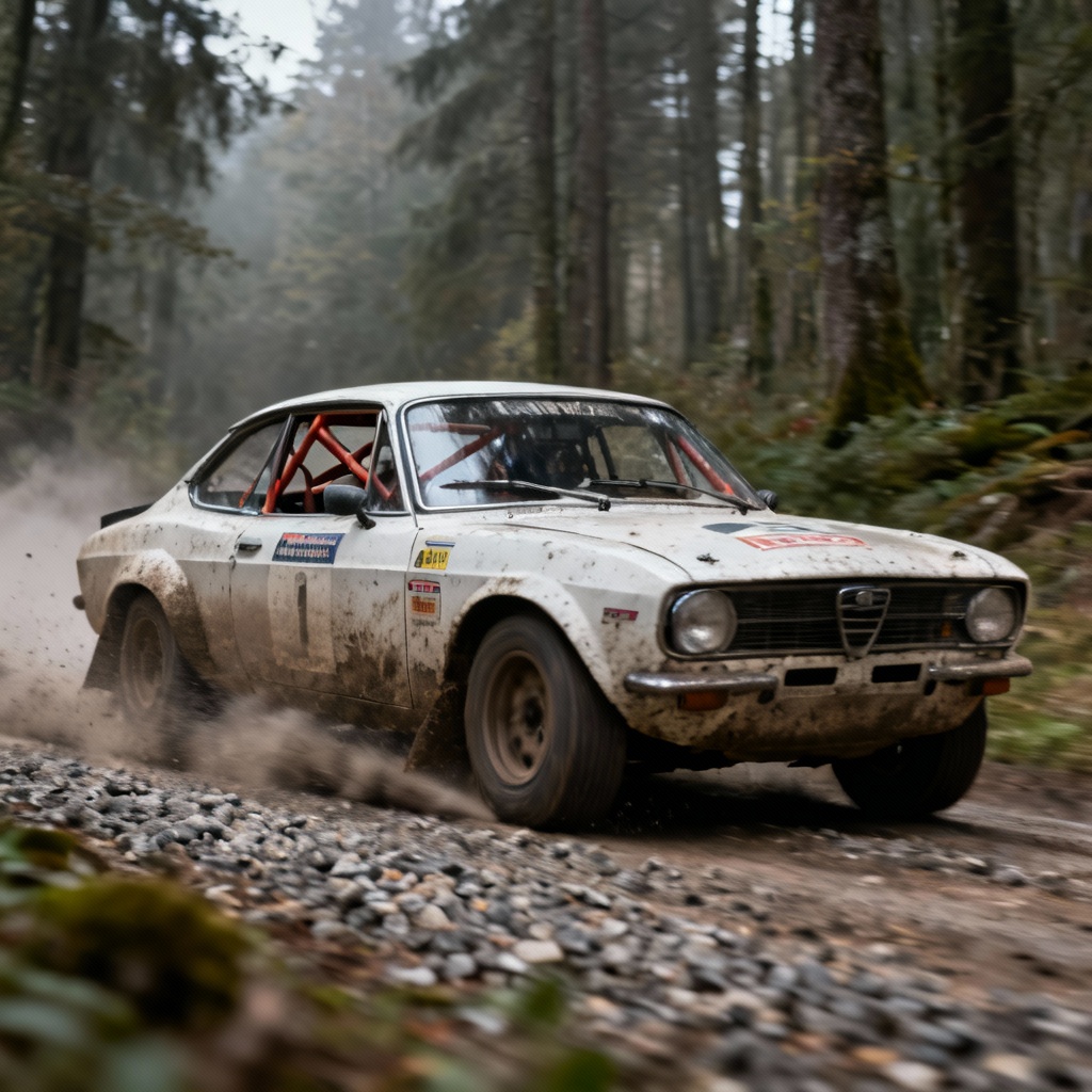 AI classic rally car speeding on gravel