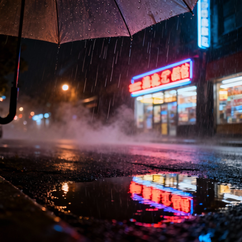 AI rainy city street with neon reflections at night