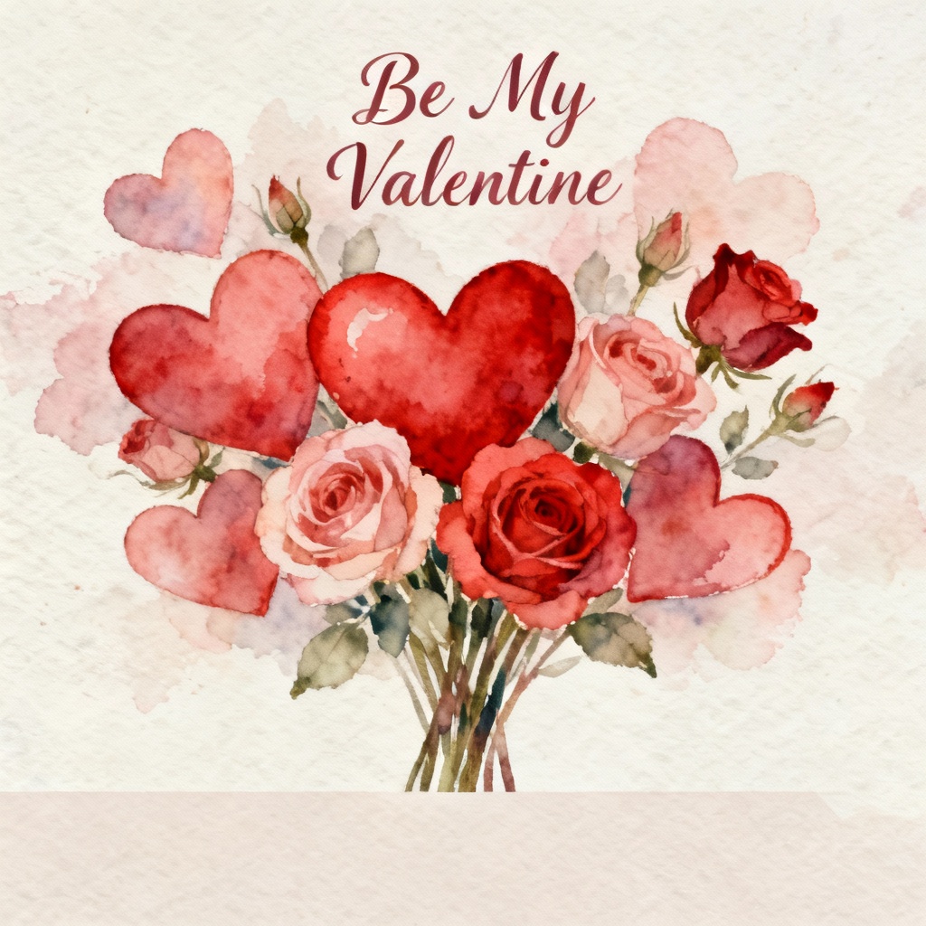 Watercolor valentine card image with heart bouquet and calligraphy