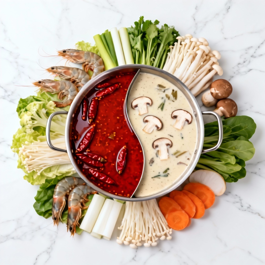 Yin yang hot pot with spicy red and white herbal broths