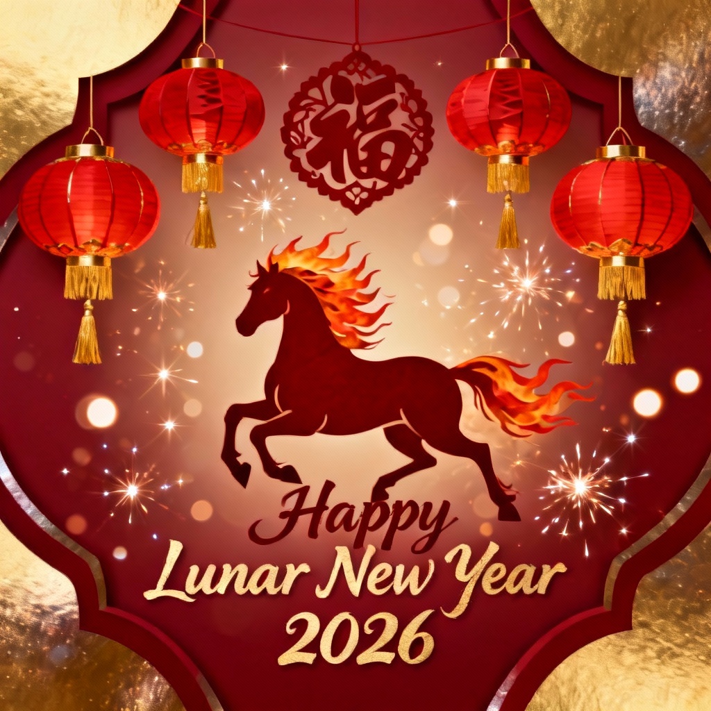 AI Fire Horse Card With Lanterns and Fu Symbol