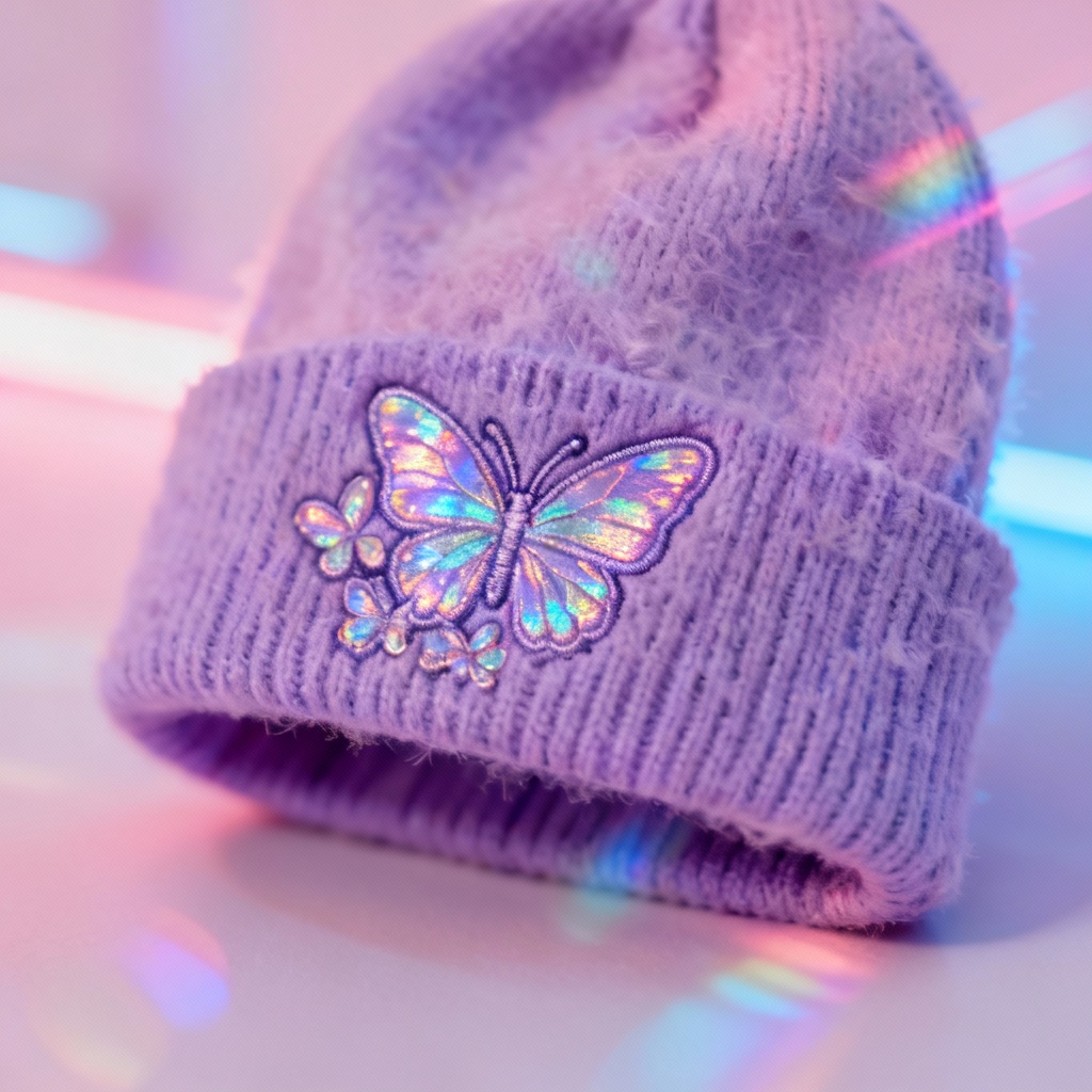 Y2K beanie with holographic butterfly embroidery