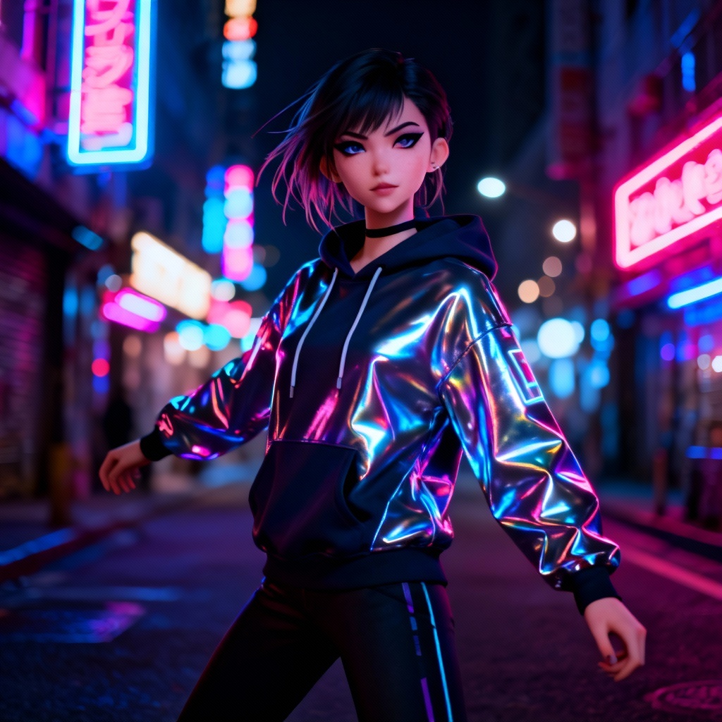 Neon-lit streetwear virtual influencer at night