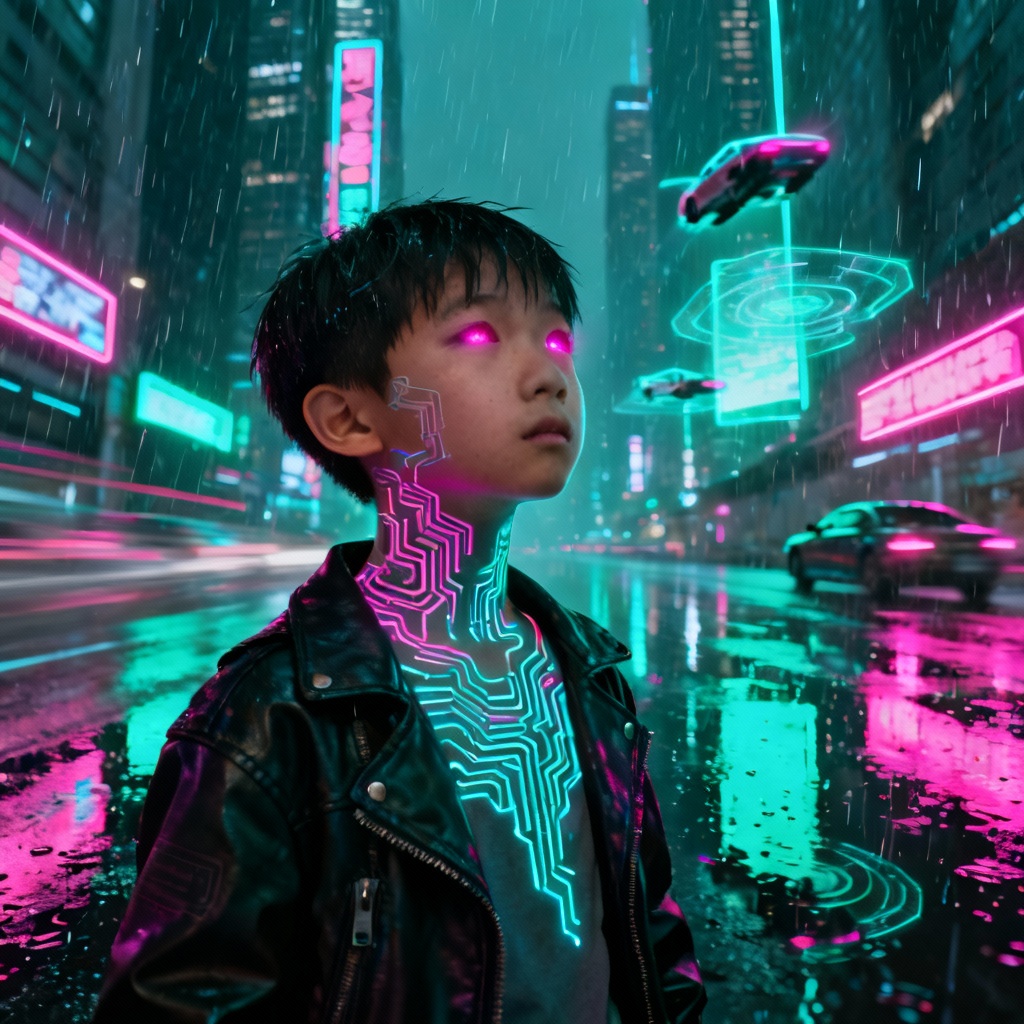 AI cyberpunk tattoo boy with neon circuit tattoos