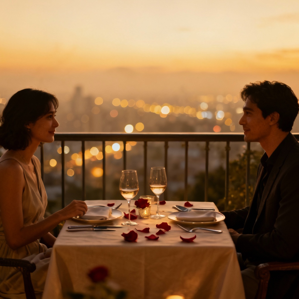 AI candlelit balcony dinner ambiance at sunset