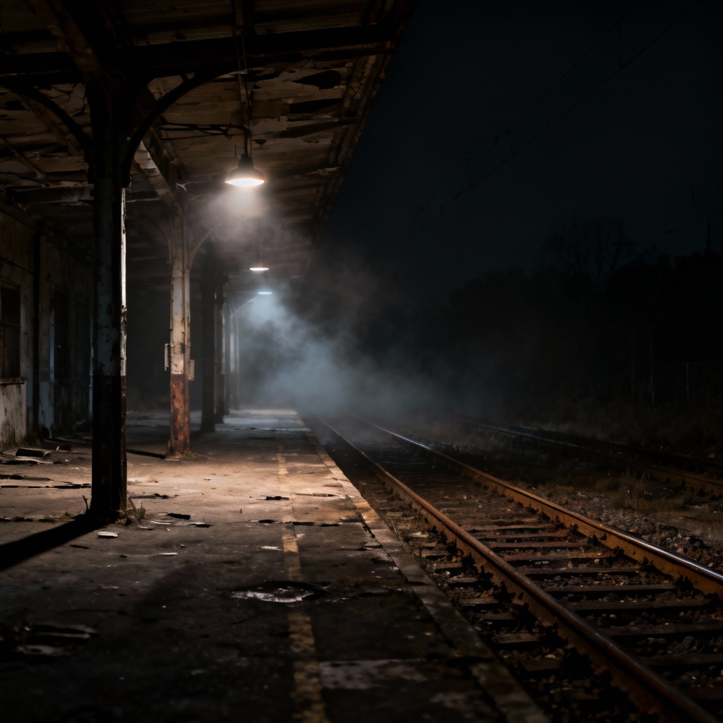Abandoned night train platform with fog and long shadows