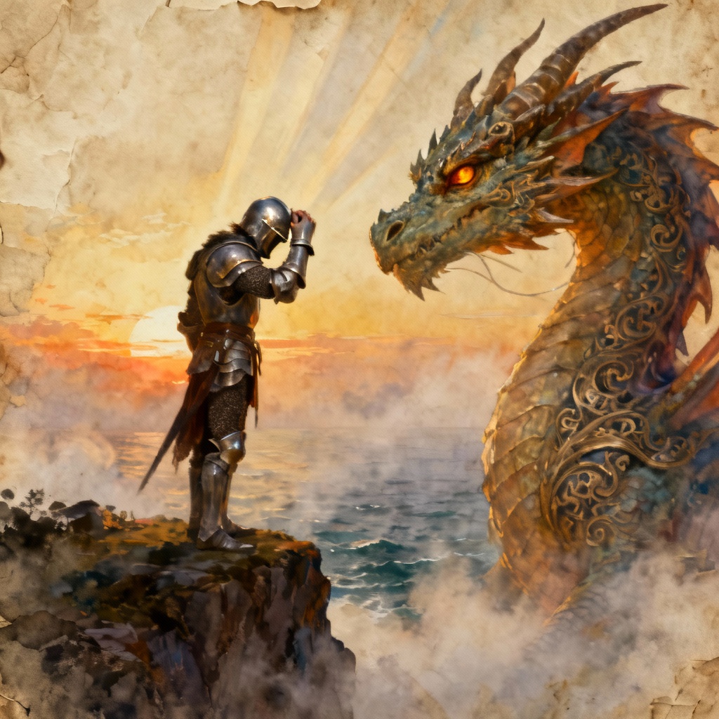 Legendary covenant scene at sunrise with dragon and knight