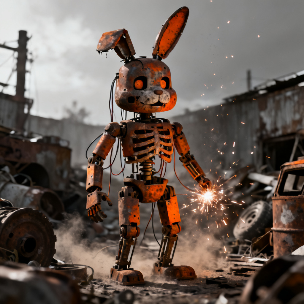 AI FNAF scrap rabbit OC made of rusted metal