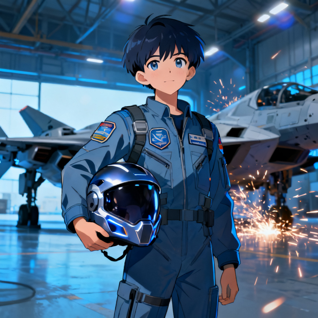 AI mech pilot character in futuristic hangar