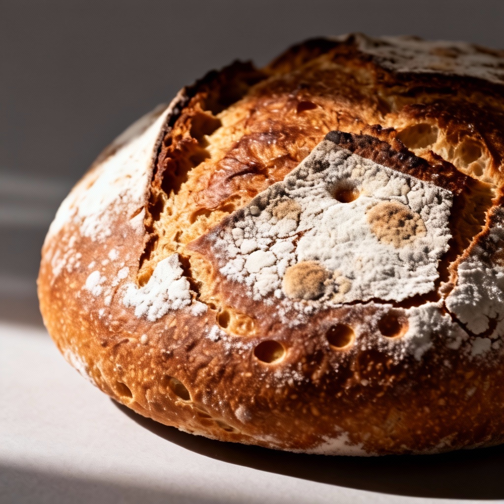 AI sourdough bread closeup with blistered crust