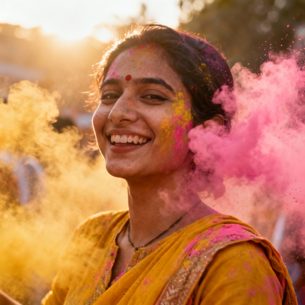 AI Holi portrait with traditional attire and powder splash