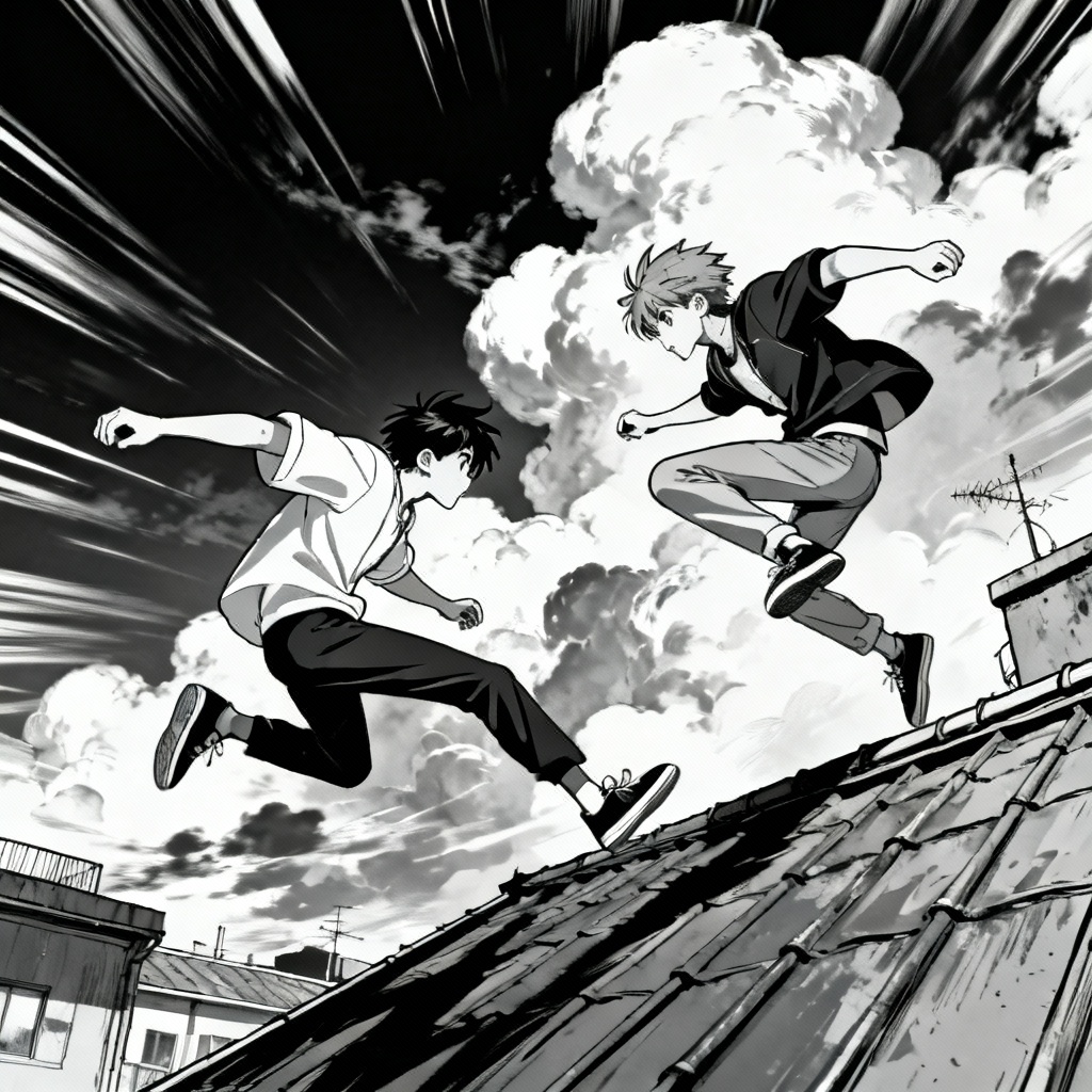 AI modern anime action scene with parkour duo