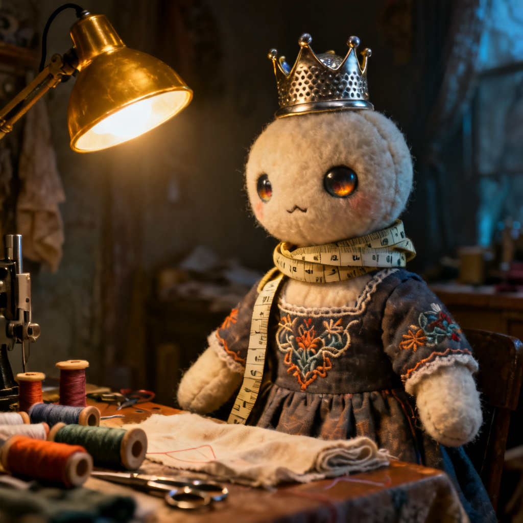 AI seamstress Poppy Playtime OC with thimble crown and thread details