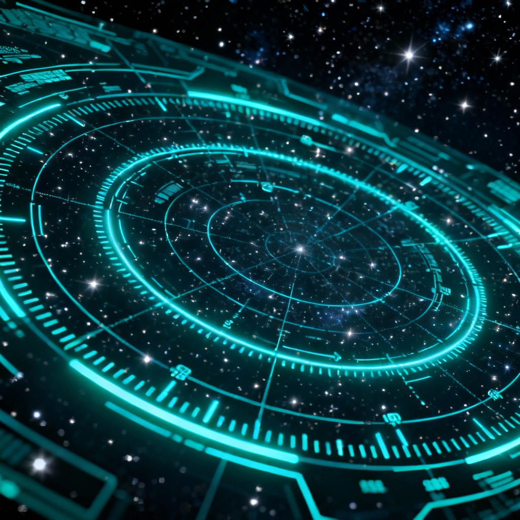 Futuristic star map HUD over a dense starfield