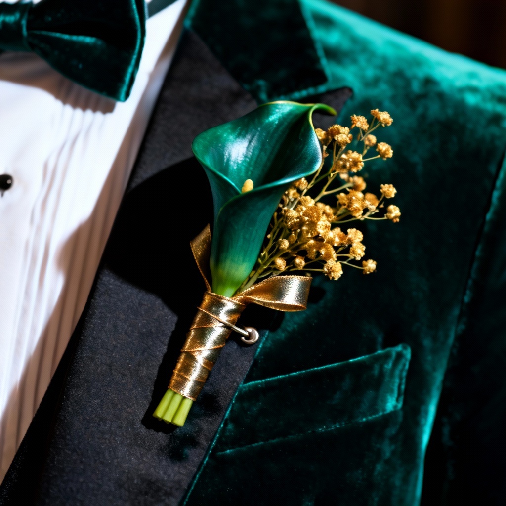 AI emerald and gold prom boutonniere with calla lily