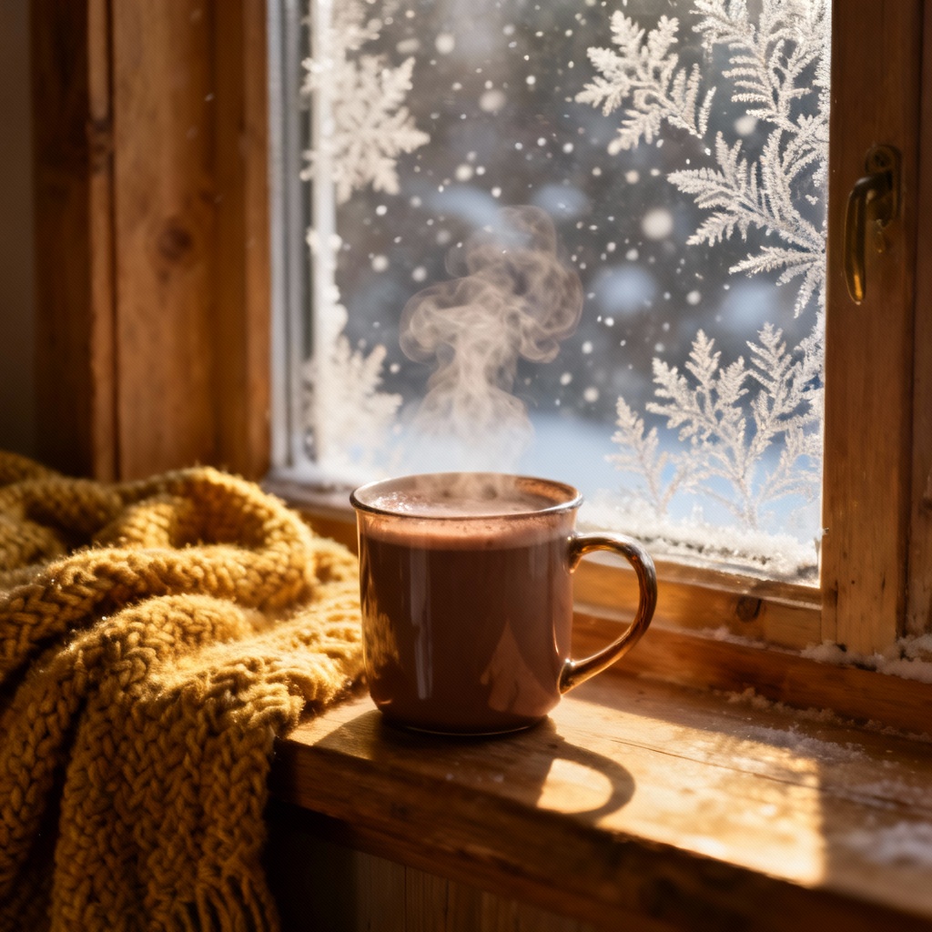 AI Cozy Cocoa by Window on a Snow Day