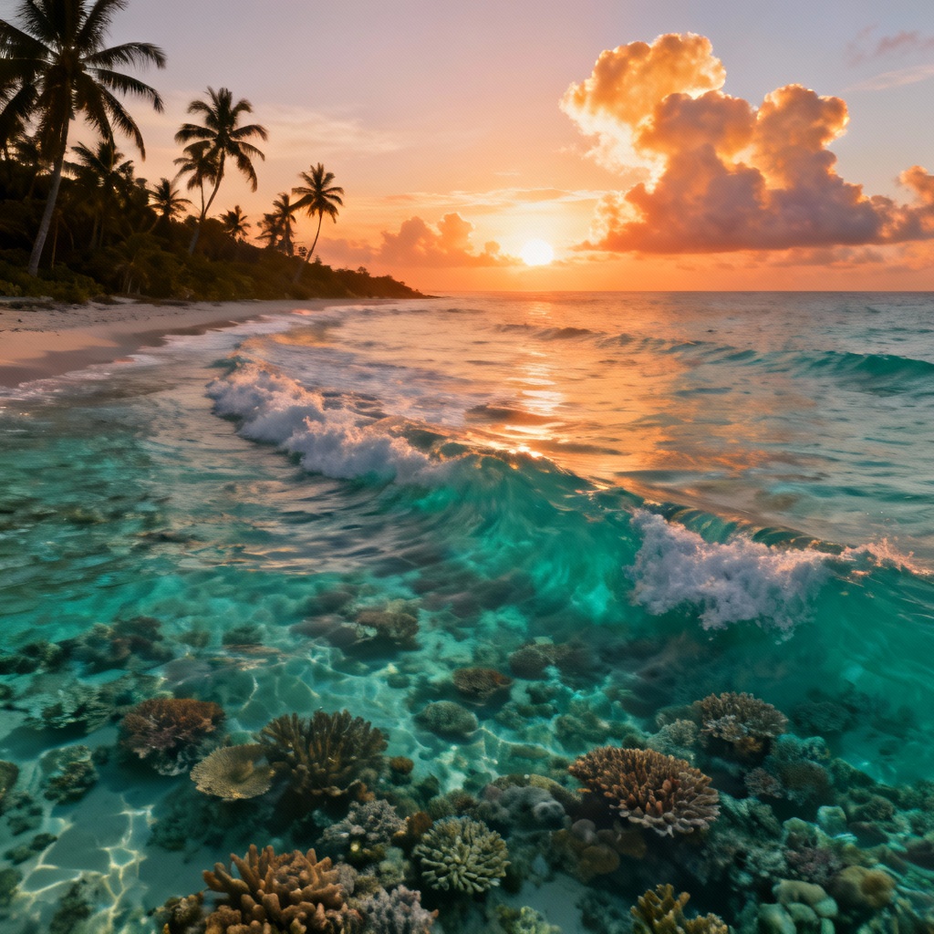 AI tropical coastline sunset with palm silhouettes