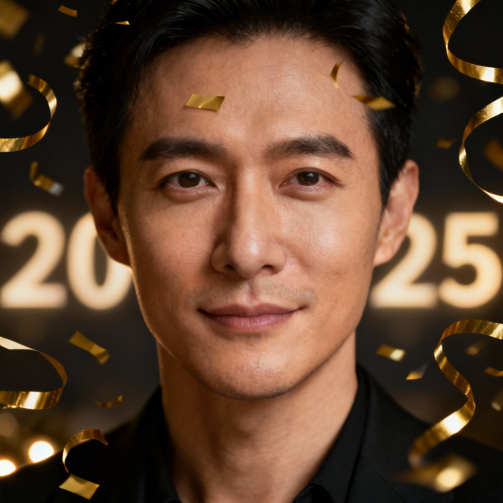 AI New Year LinkedIn profile photo with gold confetti
