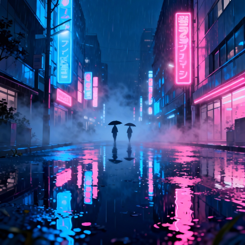 Rain-soaked anime street with neon reflections and umbrellas