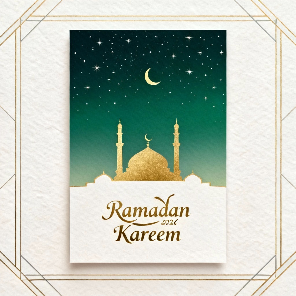 AI Ramadan 2026 mosque silhouette card in emerald and gold