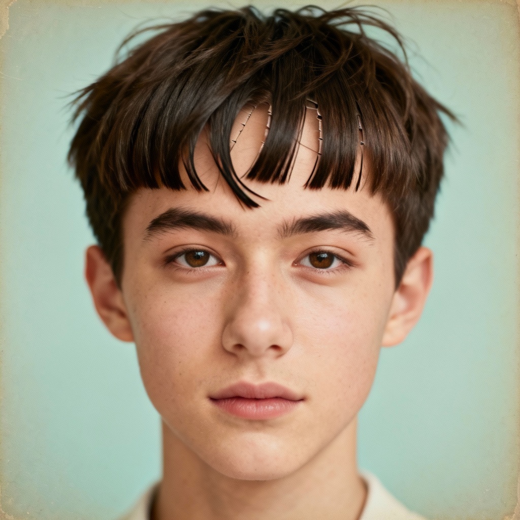 AI crooked bangs haircut prank on yearbook portrait