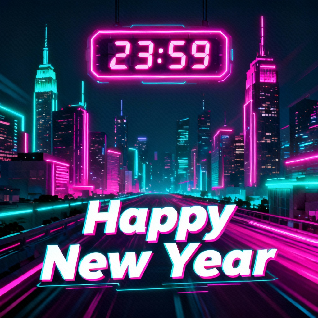 AI neon New Year countdown poster with city skyline