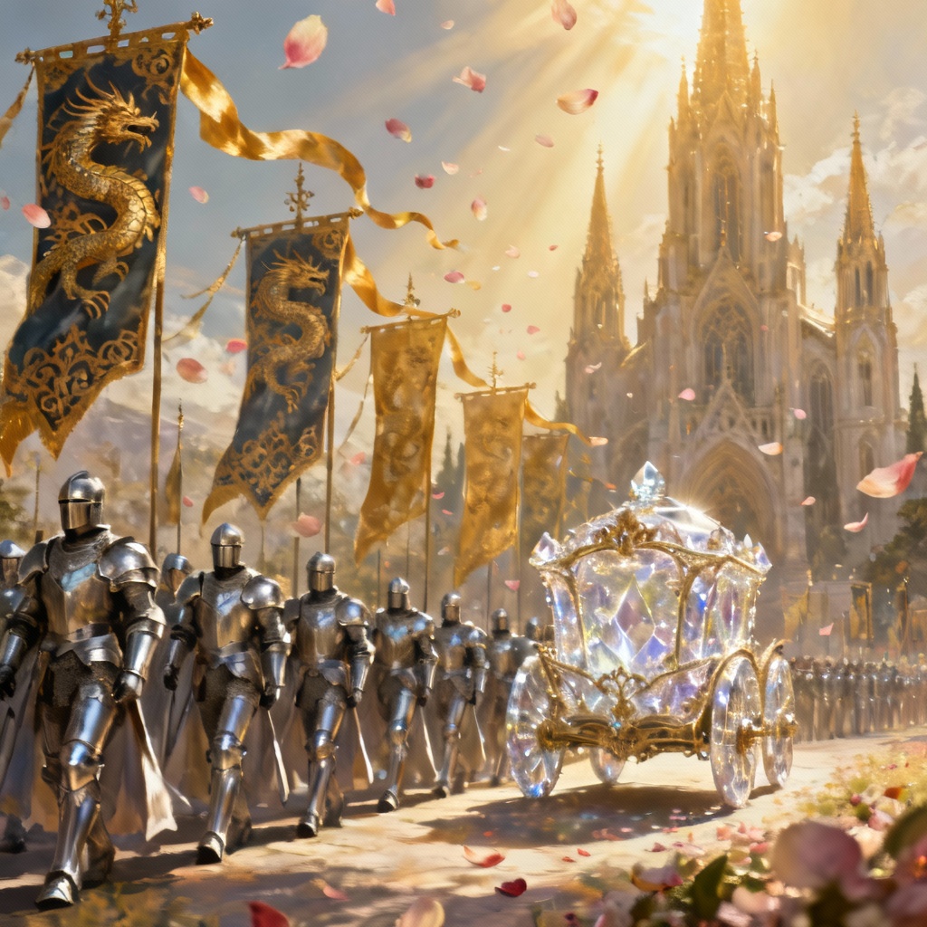 AI fantasy regal procession with dragon banners and crystal chariot