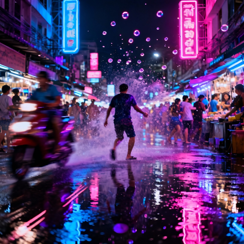AI Songkran night market neon water fight