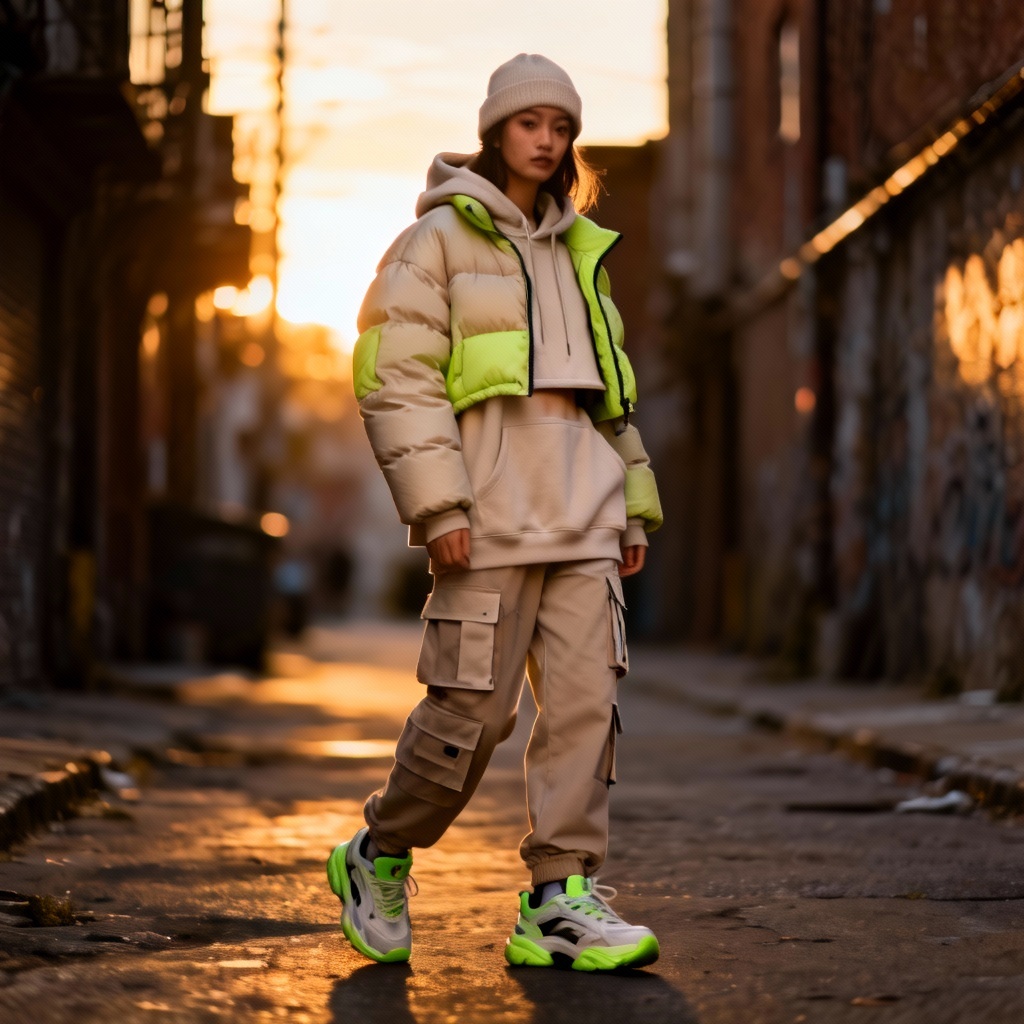 AI streetwear outfit with layered hoodie, cargo pants, and sneakers