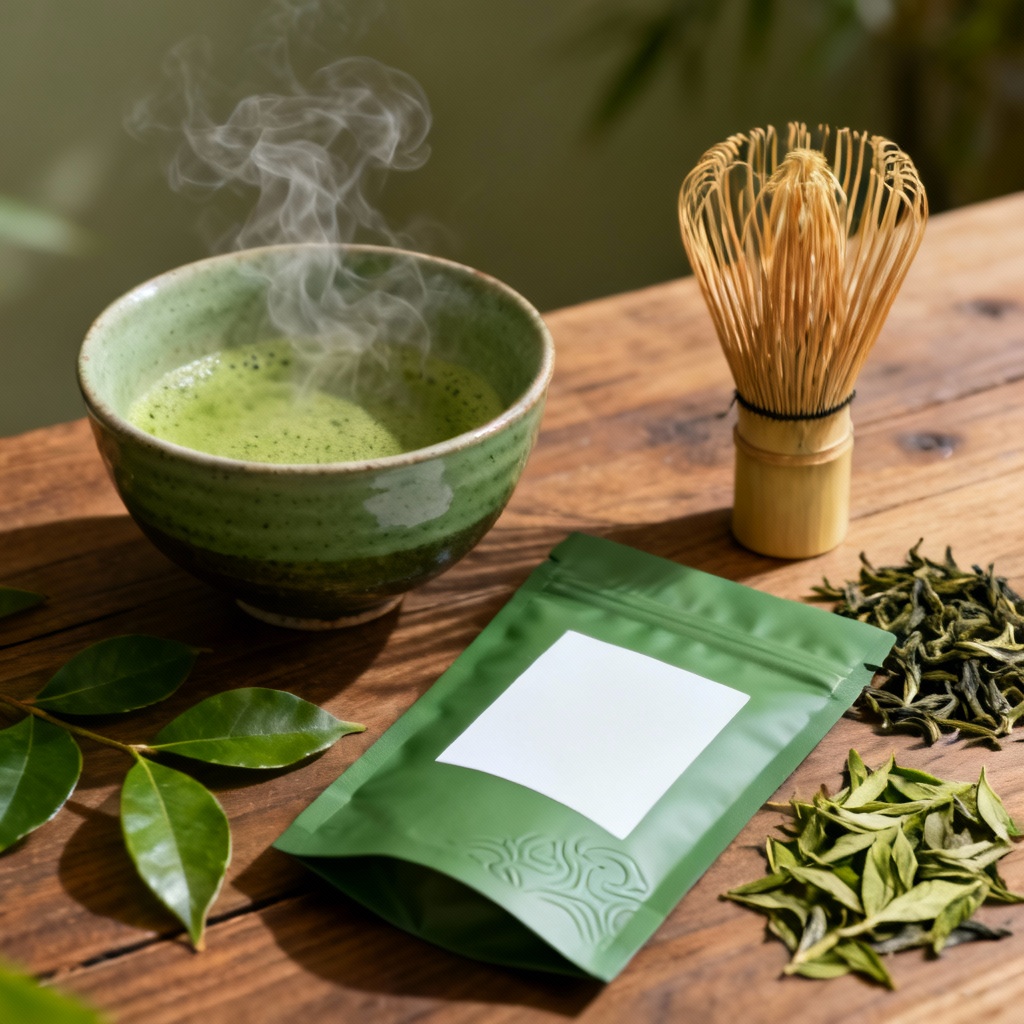 AI tea art hero image of matcha ceremony and packaging mockup