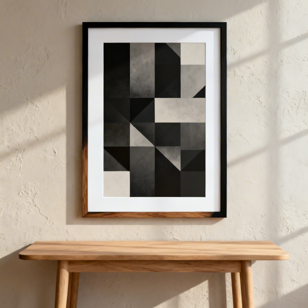 AI poster frame mockup with black oak frame around abstract print