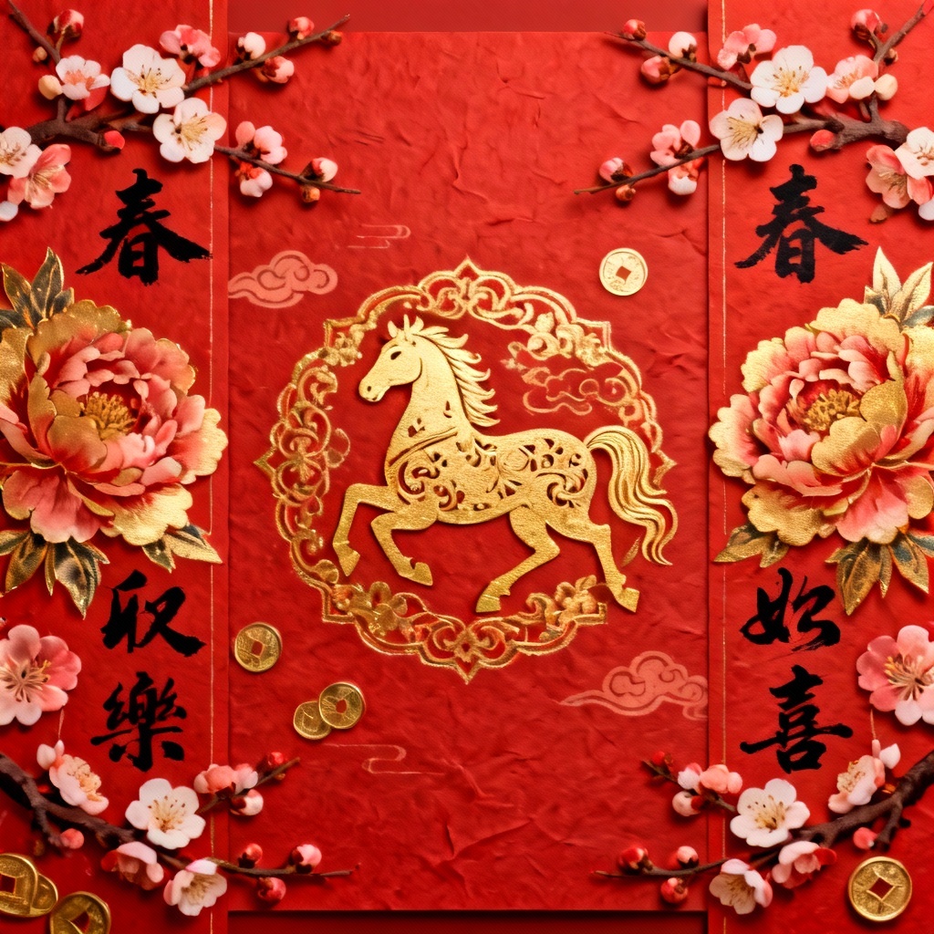 AI Traditional Floral Couplets Fire Horse Card