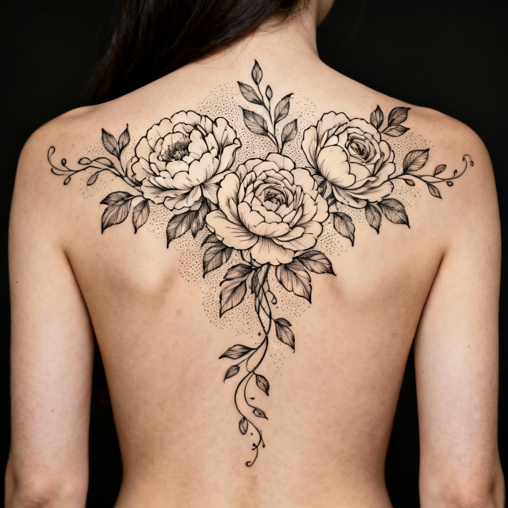 Fine line floral back piece tattoo with leaves and vines