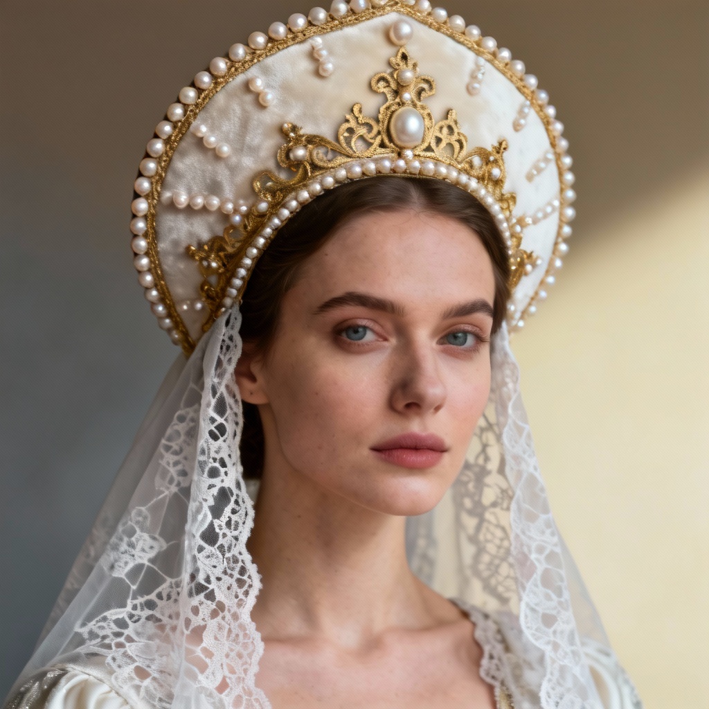 AI kokoshnik generator hero image, pearl and gold headdress on portrait